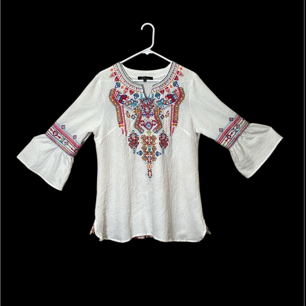 CALESSA Bohemian White Blouse with Colorful Embroidery,Size M